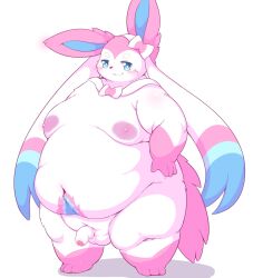 :3 anthro big_areola big_belly big_breasts big_moobs deep_navel moobs obese obese_anthro obese_male overweight overweight_anthro overweight_male pokemon pokemon_(species) radiowave sylveon thick_thighs