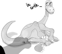 2022 absurd_res animal_genitalia animal_penis anus arlo_the_dinosaur dialogue dinosaur disney english_text equine_penis feral genitals greyscale hi_res male male_only monochrome open_mouth penis pixar reptile scalie simple_background solo solo_focus text the_good_dinosaur white_background wugi