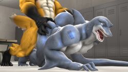 3d_(artwork) all_fours anal anal_sex anthro bench canid canine digital_media_(artwork) duo faceless_character fin fish fox hammerhead_(petruz) hand_on_butt hi_res locker_room male male/male mammal marine muscular muscular_anthro muscular_male nails open_mouth penetration petruz_(copyright) shark source_filmmaker teeth tongue veiny_muscles wolf_(petruz)