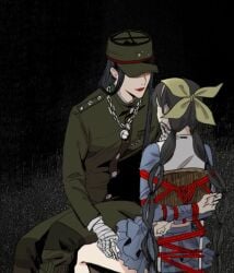 1boy 1boy1girl 1girls bandage bandaged_hand bandages black_hair blue_shirt bondage chabashira_tenko chair chair_bondage danganronpa danganronpa_v3 female hair_ribbon hand_on_chin hat hidden_eyes lipstick rope rope_bondage shinguji_korekiyo shinguji_miyadera sitting skirt smooth_skin tied_up