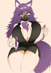 1girls 2022 animal_ears big_breasts breasts cleavage clothed clothing face_mask female female_focus glasses hips huge_breasts large_breasts long_hair mask matching_hair/eyes mitsuki_(hanns33694210) office_lady original_character purple_eyes purple_hair solo solo_female solo_focus thighs uni_(oni_unicorn)