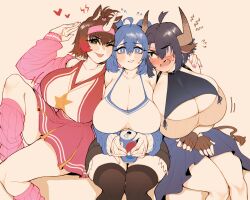 2022 animal_ears animal_tail big_breasts black_hair blue_eyes blue_hair blush blush breasts brown_eyes brown_hair cleavage clothed clothing cow_ears cow_horns cow_tail eyepatch female_focus female_only horns huge_breasts large_breasts matching_hair/eyes monster_girl nervous nervous_smile nervous_sweat short_hair tail uni_(oni_unicorn) wink winking winking_at_viewer