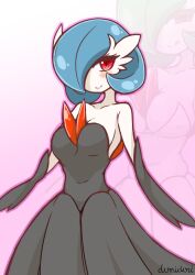 blue_hair blush chest_spike cleavage domidori dress gardevoir gloves looking_at_viewer nintendo pokémon_(species) pokemon pokemon_(species) red_eyes shiny_pokemon smile white_skin