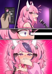 blush clothed clothed_female controller demon demon_girl demon_horns diuda hand_over_mouth horns ironmouse light-skinned_female light_skin microphone pink_hair purple_hair screen streaming twitching vibrator_controller virtual_youtuber vshojo