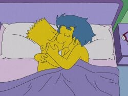 1boy1girl 1milf age_difference aged_up artist_request bart_simpson bed bedroom blue_hair closed_eyes divorced_milf glasses implied_nudity indoors kissing lips luann_van_houten mature_female milf milf_love_young_man mother_and_son's_friend passionate size_difference the_simpsons under_covers young_man_and_milf