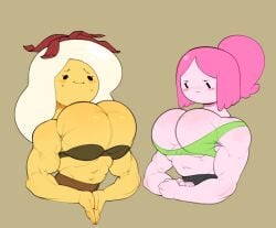 2girls adventure_time alternate_body_type alternate_breast_size big_muscles blush breakfast_princess breast_envy bulumble-bee flexing food_creature huge_pecs mob_face muscular muscular_arms muscular_female pink_hair pink_skin ponytail princess_bubblegum standing upper_body yellow_hair yellow_skin