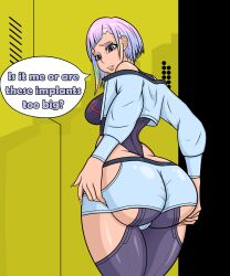 1girls alternate_ass_size ass_expansion ass_focus ass_grab big_ass big_butt cd_projekt_red clothed curvy curvy_figure cyberpunk:_edgerunners cyberpunk_2077 english_text female huge_ass lucyna_kushinada rasdor33 short_hair solo speech_bubble studio_trigger