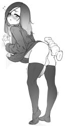 1boy ass blush dildo femboy full_body girly greyscale heart highres itsukarine leaning_forward long_hair long_sleeves looking_back male male_focus male_only monochrome no_shoes original otoko_no_ko penis sex_toy simple_background solo standing sweat testicles thighhighs trap uncensored white_background