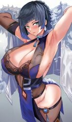 1girls 2022 absurd_res armpits arms_up ass black_hair blush breasts cleavage clothed clothed_female erect_nipples erect_nipples_under_clothes female female_only genshin_impact green_eyes hi_res hips huge_breasts large_ass loooyd navel navel_cutout nipples short_hair skindentation slim_waist thick_thighs thighhighs thighs wide_hips yelan_(genshin_impact)