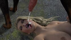 3d_(artwork) animal_genitalia animal_penis blonde_hair bodily_fluids breasts bukkake canid canine canine_penis cum cum_in_mouth cum_inside cum_on_face digital_media_(artwork) drinking drinking_cum female feral fira3dx forced genital_fluids genitals hair hi_res human mammal penis swallowing zoophilia