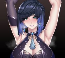 1girls armpits arms_up bangs big_breasts black_background blue_hair blush bodysuit boob_window braid braided_hair breasts cero_rains cleavage dice earrings elbow_gloves female genshin_impact gloves gradient_background green_eyes huge_breasts large_breasts looking_at_viewer mole mole_on_breast necklace short_hair smile solo steam sweat tassel tight_clothing yelan_(genshin_impact)