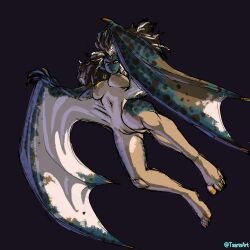 4322chan absurd_res animal_humanoid black_hair blue_body blue_scales breasts dragon dragon_humanoid falling female genitals hair hi_res human humanoid looking_at_viewer looking_down low-angle_view mammal night pussy scales solo tan_body wings wyvern wyvern_humanoid