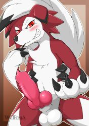 3_fingers animal_genitalia animal_penis anthro balls blush canine_genitalia canine_penis erection fingers generation_7_pokemon genitals grin hi_res knot lycanroc male midnight_lycanroc nintendo nude penis pokemon pokemon_(species) simple_background smile solo wolfonia