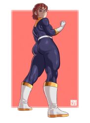 ass back_view bodysuit bubble_butt fat_ass glasses interstellar_ranger_commence jazz_(interstellar_ranger_commence) looking_at_viewer plump_ass red_eyes red_hair round_ass skin_tight