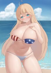 1girls 2022 alternate_costume american_flag_bikini bare_shoulders beach belly big_breasts bikini bikini_bottom bikini_top blonde_hair blue_eyes breasts collarbone eyepatch_bikini female female_focus female_only hand_on_breast hand_on_chest hand_on_own_breast hand_on_own_chest kemomimimof_(narodenden) last_origin light-skinned_female light_skin looking_at_viewer navel official_alternate_costume p-22_harpyia p-22_harpyia_(us_style_bikini) seaside smile solo white_bikini_bottom