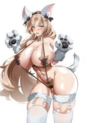 1girls 2022 animal_ear_fluff animal_ears azur_lane belly big_breasts blue_eyes blush breasts cleavage embarrassed eyebrows_visible_through_hair female female_focus female_only kronshtadt_(azur_lane) legwear long_hair looking_at_viewer mole mole_on_breast navel open_mouth paw_gloves paws simple_background solo solo_female thick_thighs thighs white_background