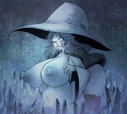 1girls ahe_gao alternate_breast_size blue_skin critnuke elden_ring fromsoftware huge_belly huge_breasts inflated_belly ranni_the_witch solo