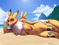 anthro bandai_namco beach black_nose black_sclera breasts chest_tuft digimon digimon_(species) dipstick_ears doomthewolf facial_markings female fur genitals gloves_(marking) head_markings hi_res looking_at_viewer lying markings multicolored_ears nipples nude on_side outside purple_eyes pussy renamon seaside solo tuft yellow_body yellow_fur