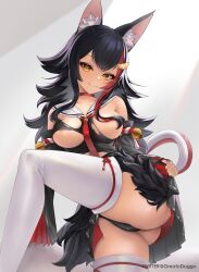 absurdres animal_ears ass bangs bell black_hair black_panties black_shirt black_skirt blush breasts brown_eyes choker closed_mouth detached_sleeves fangs fangs_out female greatodoggo hair_censor hair_ornament hair_over_breasts hairclip highres hololive hololive_gamers hololive_japan jingle_bell kouhaku_nawa leg_up long_hair looking_at_viewer medium_breasts multicolored_hair nail_polish ookami_mio panties pleated_skirt red_choker red_hair rope sailor_collar shimenawa shirt skirt smile solo streaked_hair tail thighhighs thighs torn_clothes torn_shirt underwear very_long_hair virtual_youtuber white_legwear white_sailor_collar wolf_ears wolf_tail