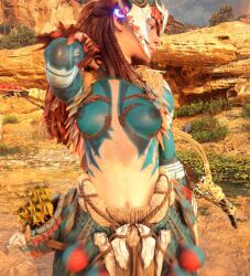 3d accurate_art_style aloy alternate_costume areolae belly_button bodypaint breasts breasts_out canon clipping female female_only glitch horizon_forbidden_west horizon_zero_dawn in-game medium_breasts midriff navel official_art orange_hair outdoors outside painted_breasts red_hair redhead teenager topless topless_female tribal