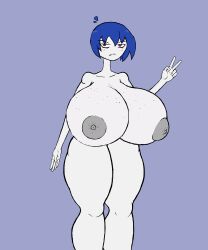 1girls ahoge areolae big_areola big_nipples blue_hair fanart female female_only freckles gorossy_(artist) goth grey_skin huge_areolae huge_breasts huge_thighs long_legs massive_breasts messy_hair nude nude_female peace_sign puffy_areola puffy_nipples punk purple_eyes short_hair taller_girl thick_legs thick_thighs tiddy_(megabippy)