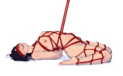 1girls black_hair blindfold blush bondage female_only linnea_(lullindo) lullindo nipples rope rope_bondage small_breasts sole_female solo