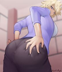 1girls artist_name ass ass_focus ass_grab ass_in_dress big_ass big_butt blazer blonde_hair blush breasts cardigan dat_ass fat_ass female female_only from_behind fully_clothed grabbing_own_ass hand_on_hip highres huge_ass huge_butt kentaryu long_hair long_sleeves looking_at_own_butt looking_at_viewer looking_back mature mature_female mature_woman milf mitsuki_bakugou my_hero_academia panties panties_visible_through_clothing pantylines rear_view red_eyes round_ass shirt short_hair sideboob skirt slq solo solo_focus tight_clothing tight_skirt underwear voluptuous