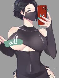 black_clothing black_hair censored english_text exposed_breasts face_mask fishnets green_eyes green_nails looking_at_viewer mask nipples nipples_visible_through_clothing phone riot_games selfie suracao tagme underboob valorant viper_(valorant) white_skin