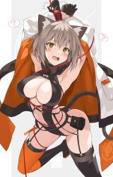 ? animal_ears bound bound_arms breasts cat_ears cat_girl cat_tail female gloves highres jacket light_brown_hair ohta_yuichi original restrained revealing_clothes ribbon tail thighs tied_up_(nonsexual) un9man yellow_eyes