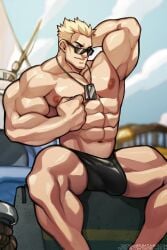 balls bara bulge daydreamerjim gay looking_over_eyewear looking_over_glasses looking_over_sunglasses lt_surge male male_only muscles muscular nintendo npc_trainer penis pokemon solo solo_male spread_legs sunglasses tinted_eyewear