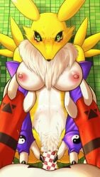 2d animated bandai_namco big_breasts breasts canid canine censored digimon digimon_(species) double-comma duo female fid fox fur gazing genitals gif guilmon male male/female mammal nipples penis renamon sex simple_background textured_background white_body white_fur yellow_body