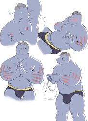 5_fingers absurd_res anthro armpit_musk armpits bara blue_body blue_skin blush bodily_fluids bulge chubby_male clapping clothed clothing embarrassed erection_pushing_underwear fingers genitals hand_on_face hi_res machoke male male_only musclegut muscular muscular_male musk musky_armpit navel nintendo nipples penis pokémon_(species) pokemon pokemon_(species) red_stripes shopping_bag simple_background smile solo stripes sweat sweatdrop tush underwear underwear_only video_games