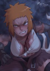 1girls belt blood boruto:_naruto_next_generations breasts clenched_teeth eeshin_(eishin5584) female fight funato_seiren gloves grey_eyes injury jewelry medium_breasts naruto necklace ninja non_nude orange_hair panties pants smoke solo solo_female solo_focus teeth torn_clothes torn_clothing underwear wince