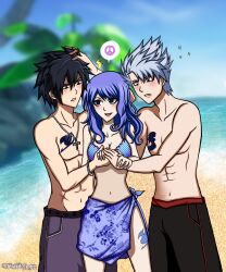 1girls 2boys beach bikini fairy_tail gray_fullbuster inspired-destiny juvia_lockser lyon_vastia polyamory shirtless