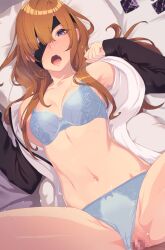 1boy bangs bare_shoulders black_jacket blue_bra blue_eyes blue_panties blush bra brown_hair censored collarbone eyepatch fate/grand_order fate_(series) female hair_over_one_eye highres hikichi_sakuya jacket long_hair long_sleeves looking_at_viewer medium_breasts missionary mosaic_censoring navel off_shoulder open_clothes open_jacket open_mouth open_shirt ophelia_phamrsolone panties panties_aside penis pussy sex shirt sidelocks spread_legs straight thighs underwear vaginal_penetration white_shirt