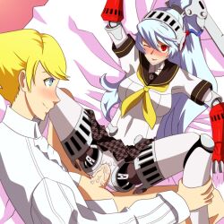 1boy 1girls blonde_hair blue_eyes blue_hair blush cum cum_in_pussy cum_inside grey_hair labrys long_hair on_bed persona persona_4 persona_4_arena red_eyes robot_girl showers-u silver_hair teddie vaginal_penetration yellow_hair