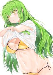 1girls :o bangs bikini breasts c.c. code_geass eyebrows_visible_through_hair green_hair kou_mashiro large_breasts long_hair navel shirt short_sleeves simple_background solo stomach swimsuit t-shirt tagme white_background white_shirt yellow_bikini yellow_eyes