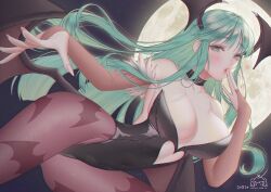 bat_wings clothing darkstalkers green_eyes green_hair latex leggings looking_at_viewer medium_breasts moon morrigan_aensland sophiaveralu succubus tight_clothing vampire vampire_hunter vampire_savior wings