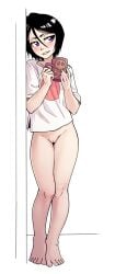 barefoot black_hair bleach blush bottomless cameltoe feet kuchiki_rukia leaning_against_wall looking_to_the_side mug purple_hair pussy short_hair smile t-shirt the_pink_pirate tight_pussy