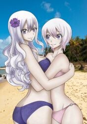 2girls beach bikini blue_eyes colored fairy_tail flower_in_hair hugging juviaaa lisanna_strauss mirajane_strauss outdoors sestrunuya812 shaded sisters white_hair