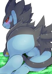 ass black_body black_fur blue_body blue_fur blush butt_focus featureless_crotch feral fur furry furry_only genitals hi_res looking_at_viewer looking_back luxray lying male male_only mommomma114 multicolored_body multicolored_fur nintendo no_anus no_balls no_genitals null on_front pokémon_(species) pokemon pokemon_(species) solo tail tucked_tail video_games