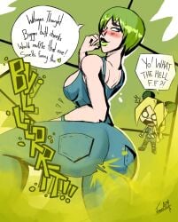 ass big_breasts big_butt big_fart blush dialogue fart fart_fetish foo_fighters green_gas green_hair green_lipstick jojo's_bizarre_adventure jolyne_kujo juanesafm_(artist) leg_lift onamonapia overalls stone_ocean