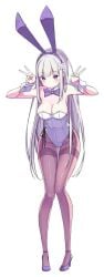 alternate_costume archway_of_venus big_breasts blush bow bowtie bunny_costume bunny_ears bunnysuit covered_breasts covered_navel covered_nipples detached_collar double_peace_sign double_v elf elf_ears elf_female elf_girl emilia_(re:zero) fake_animal_ears female female female_only full_body gluteal_fold hair_ornament huge_breasts large_breasts leaning_forward leotard long_hair no_bra pantyhose peace_sign pointy_ears purple_bow purple_bowtie purple_eyes purple_neckwear re:zero_kara_hajimeru_isekai_seikatsu silver_hair solo solo_female standing thigh_gap v very_long_hair white_hair wrist_cuffs x_hair_ornament