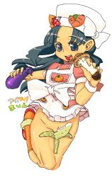 apron banana boots carrot chef_hat cherry cook cooking_idol_ai!_mai!_main! eggplant female food food_play grey_hair long_hair mine_hiragi mushroom n@o no_panties open_mouth orange sexually_suggestive solo tongue_out