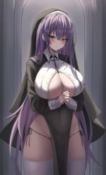 1girls 2020s 2022 biya blue_eyes breasts clasped_hands female female_only hips huge_breasts indoors large_filesize long_hair looking_at_viewer naughty_face nun nun's_habit nun_outfit original original_character pelvic_curtain purple_hair side-tie_panties slim_waist smile solo solo_female suggestive_look thick_thighs thighs wide_hips yuna_(biya)