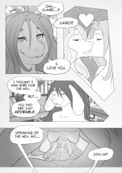 2015 anthro bedroom_eyes bite biting_lip biting_own_lip breasts cairo_(armoredkangaroo) comic corablue dialogue female female/female genitals group hair hi_res inviting kissing lagomorph leporid long_hair looking_pleasured mammal monochrome narrowed_eyes nipples nude pussy rabbit rodent sciurid seductive self_bite