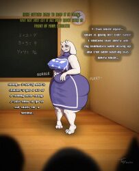 1girls anthro belly bottom_heavy chubby clothed clothing embarrassed english_text female furry horns moments_before_disaster overweight public solo stomach_noises teacher text toby_art toriel undertale wide_hips