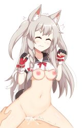 animal_ears azur_lane bottomless braid breasts breasts_out closed_eyes clothed_sex cowgirl_position cum cum_in_pussy cum_inside grey_hair highres ohno sex small_breasts straddling tail vaginal vaginal_penetration wolf_ears wolf_girl wolf_tail yuudachi_(azur_lane)