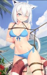 beach bikini black_hair blue_bikini blue_eyes blush bondage cloud hololive hololive_gamers hololive_gen_1 hololive_japan lifesaver one_eye_closed shirakami_fubuki tail tied_up virtual_youtuber water white_hair