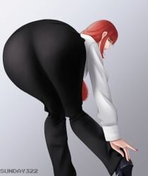 1girls ass ass_focus ass_up bent_over big_ass breasts chainsaw_man clothing dat_ass female female_only high_heels huge_ass lips long_hair looking_at_viewer looking_back makima_(chainsaw_man) pants red_hair red_nails smile solo solo_focus sunday322 thick_ass tight_pants white_shirt yellow_eyes